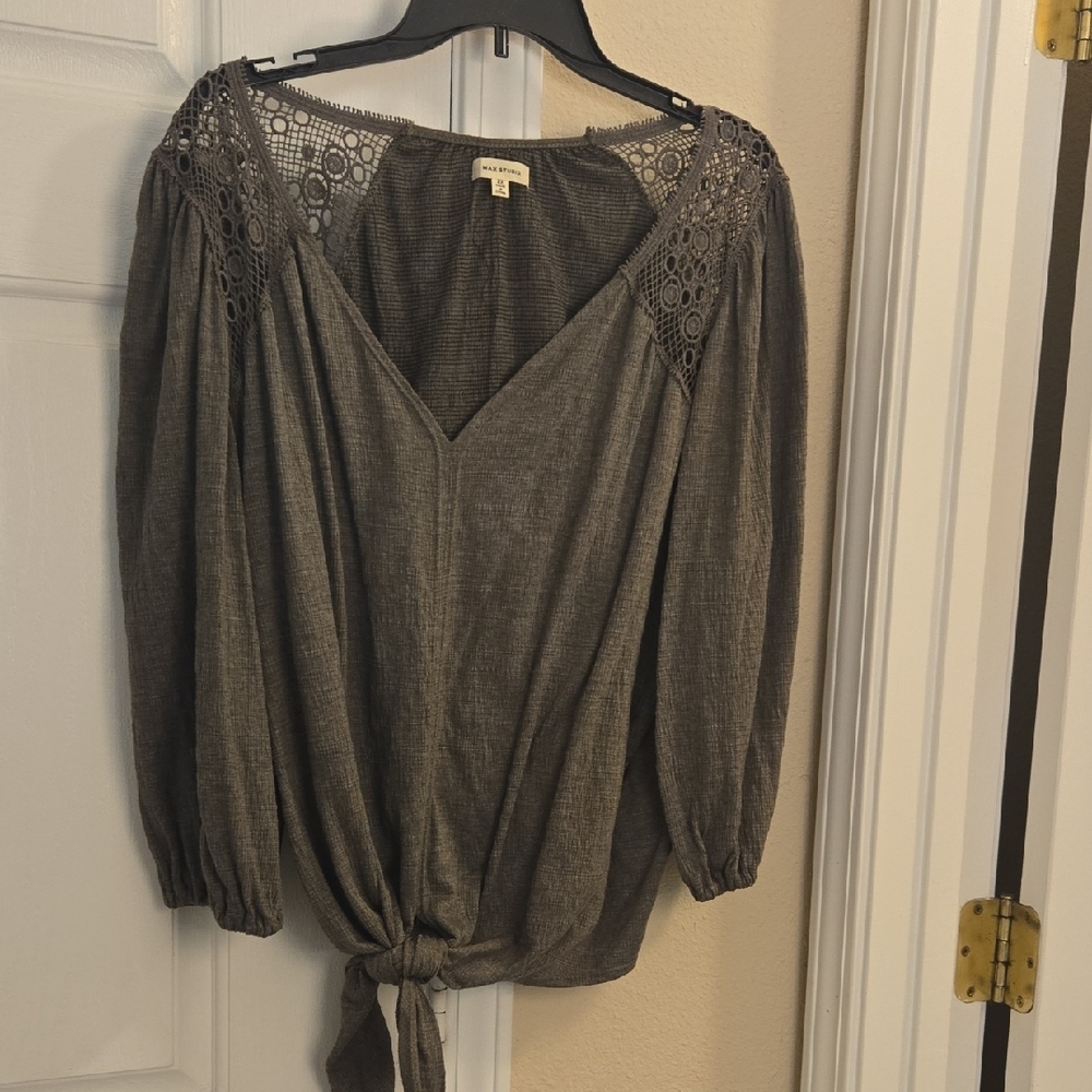 Max Studio Gray Crochet Shoulder Tie-Front Blouse